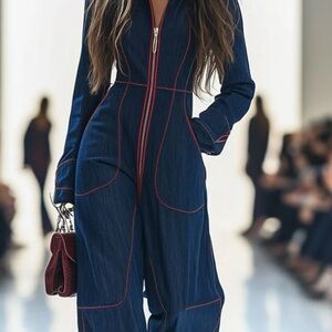 Oyrosy Denim Jumpsuit with Red Piping NWT